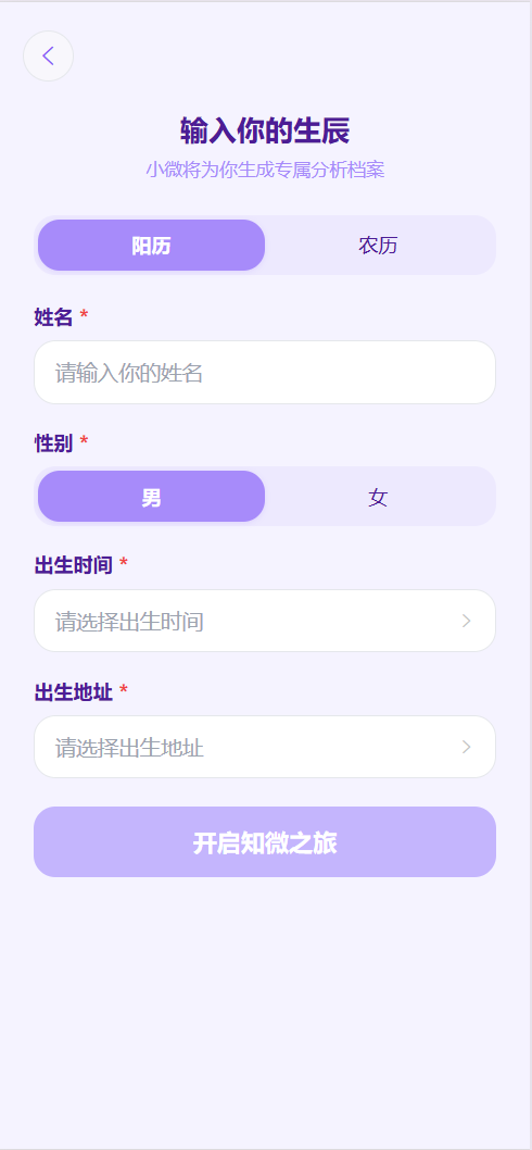 填写生辰信息页面示意图